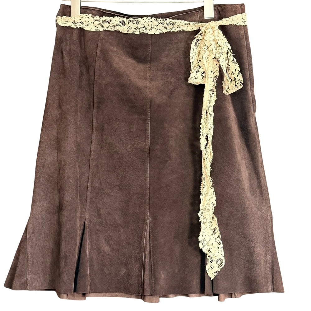 Karen‎ Kane Suede Skirt Women 8 Brown Lace Belt Boho Coastal Cowgirl Dopamine